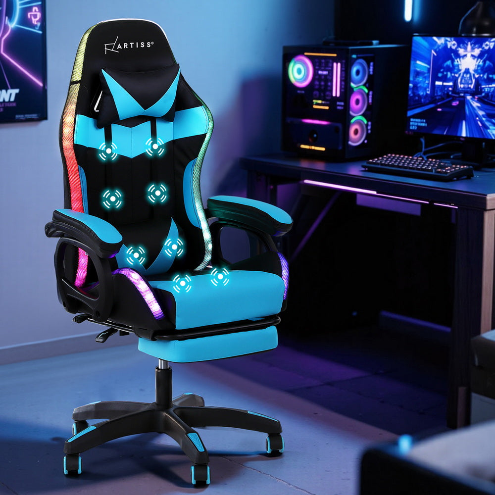 Albany cyan LED gaming chair with footrest in a gaming setup
