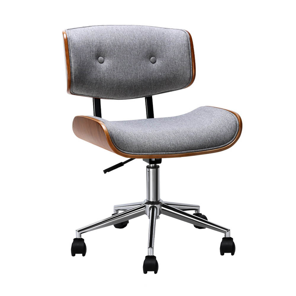 Williams grey fabric office chair with wooden frame and chrome base