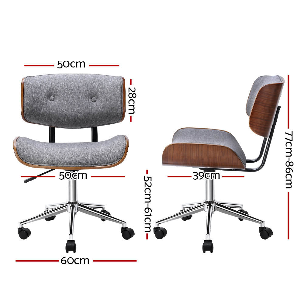 Williams grey fabric office chair with wooden frame and chrome base