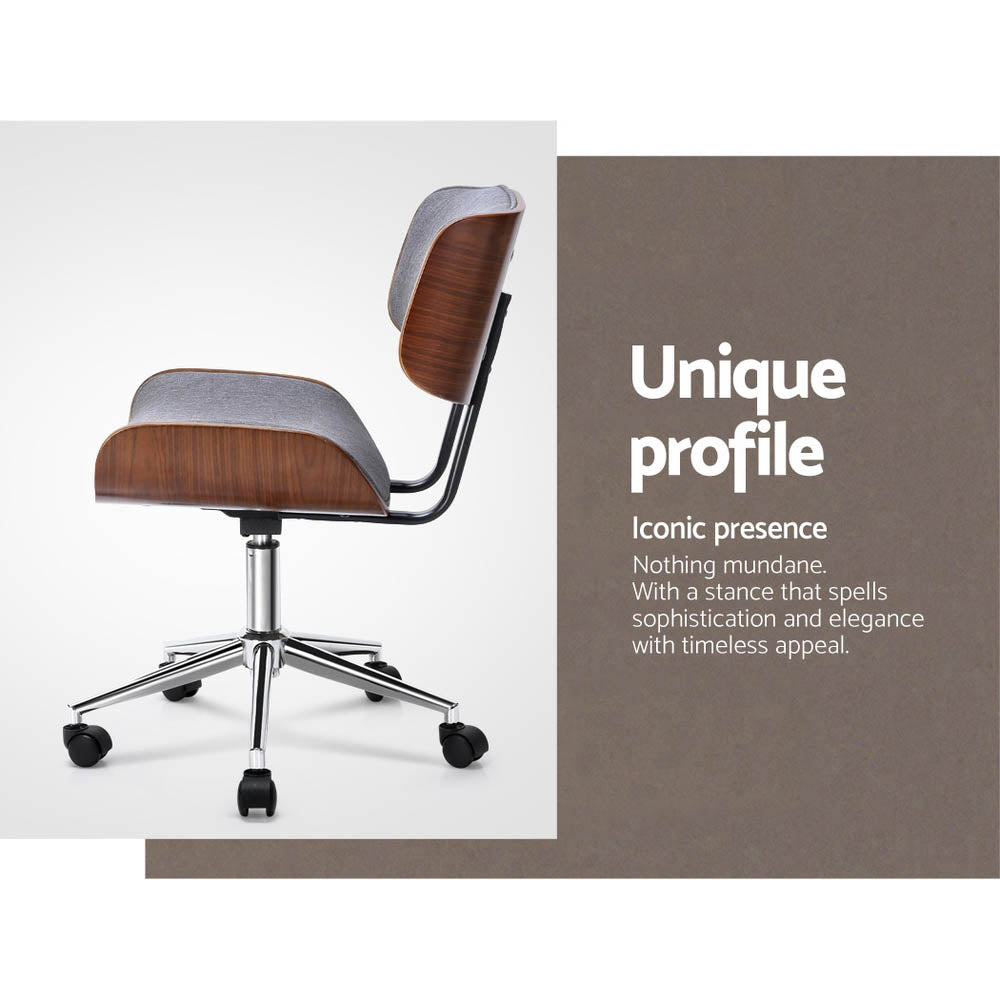 Williams grey fabric office chair with wooden frame and chrome base