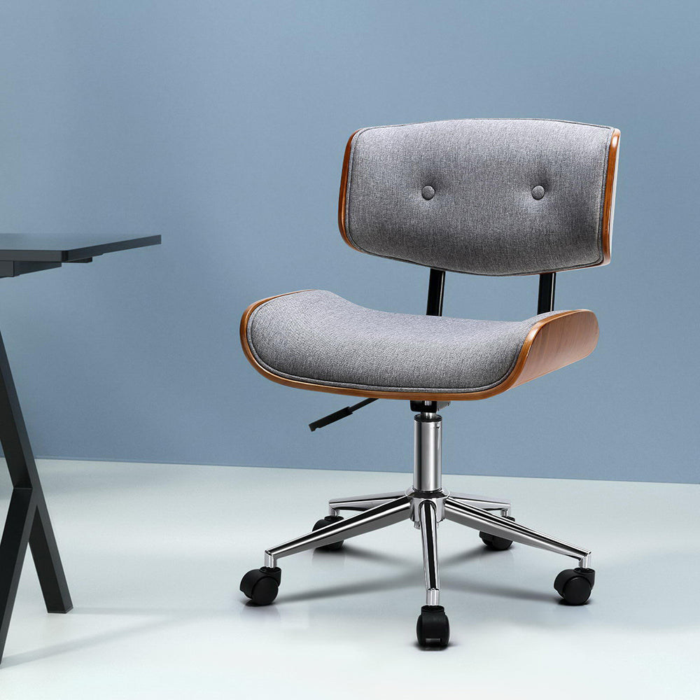 Williams grey fabric office chair with wooden frame and chrome base