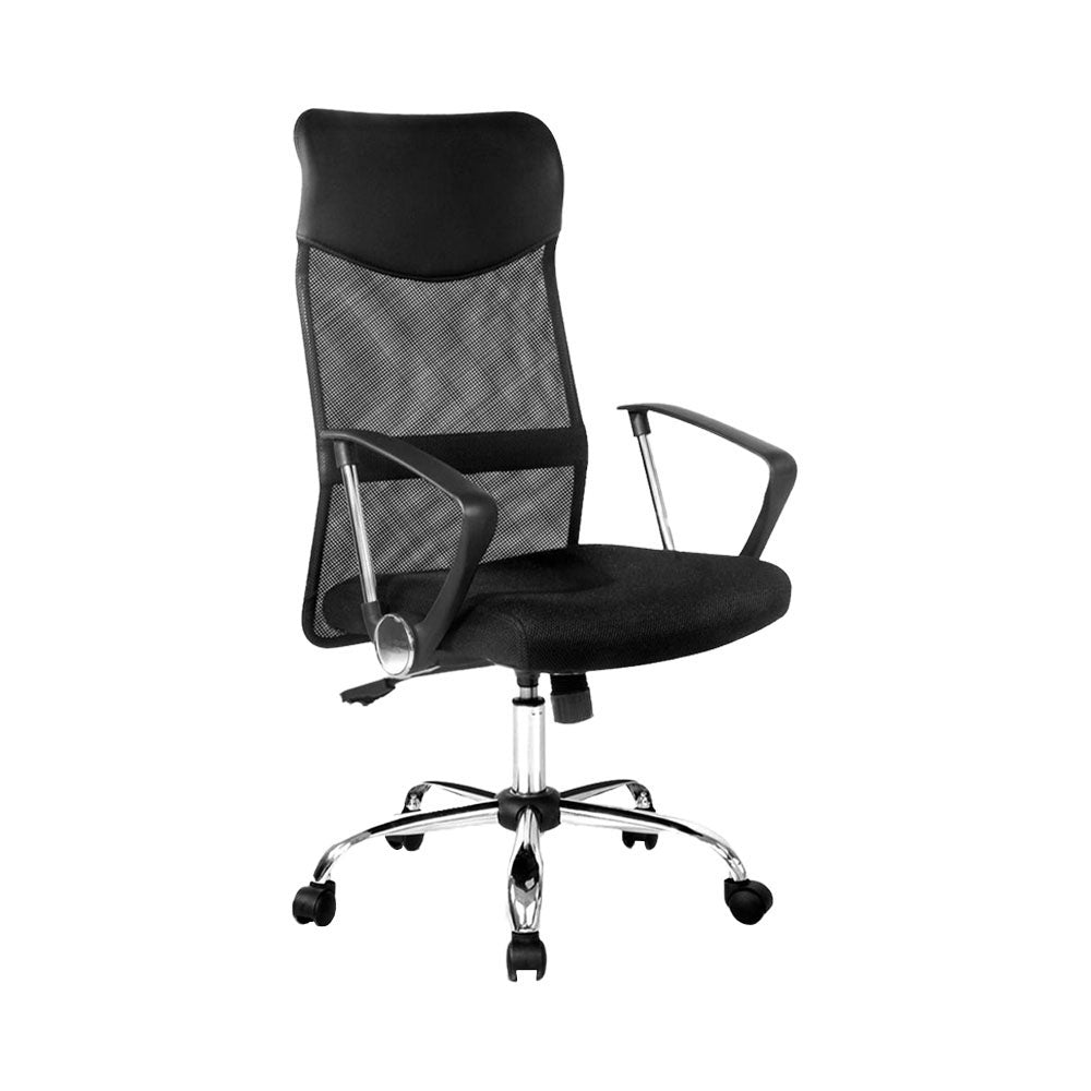Hillarys black high back mesh and faux leather office chair in a home office
