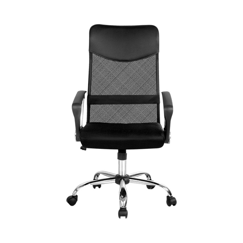 Hillarys black high back mesh and faux leather office chair in a home office