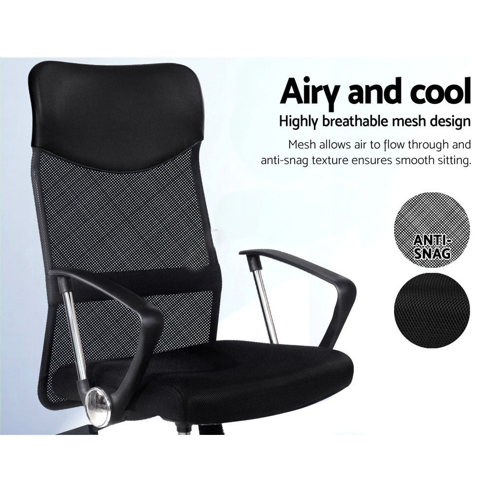 Hillarys black high back mesh and faux leather office chair in a home office