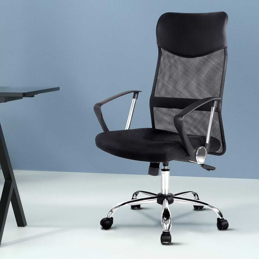 Hillarys black high back mesh and faux leather office chair in a home office