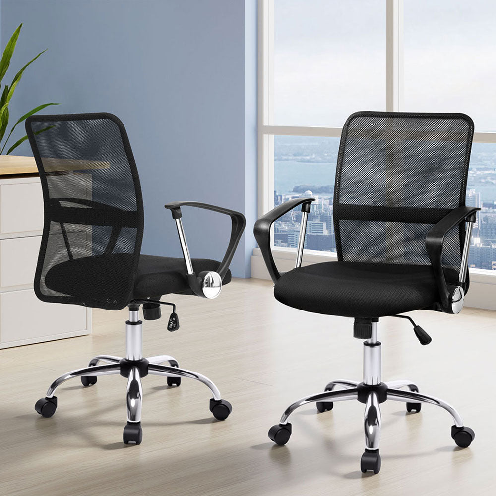 Two Carnarvon black mesh office chairs