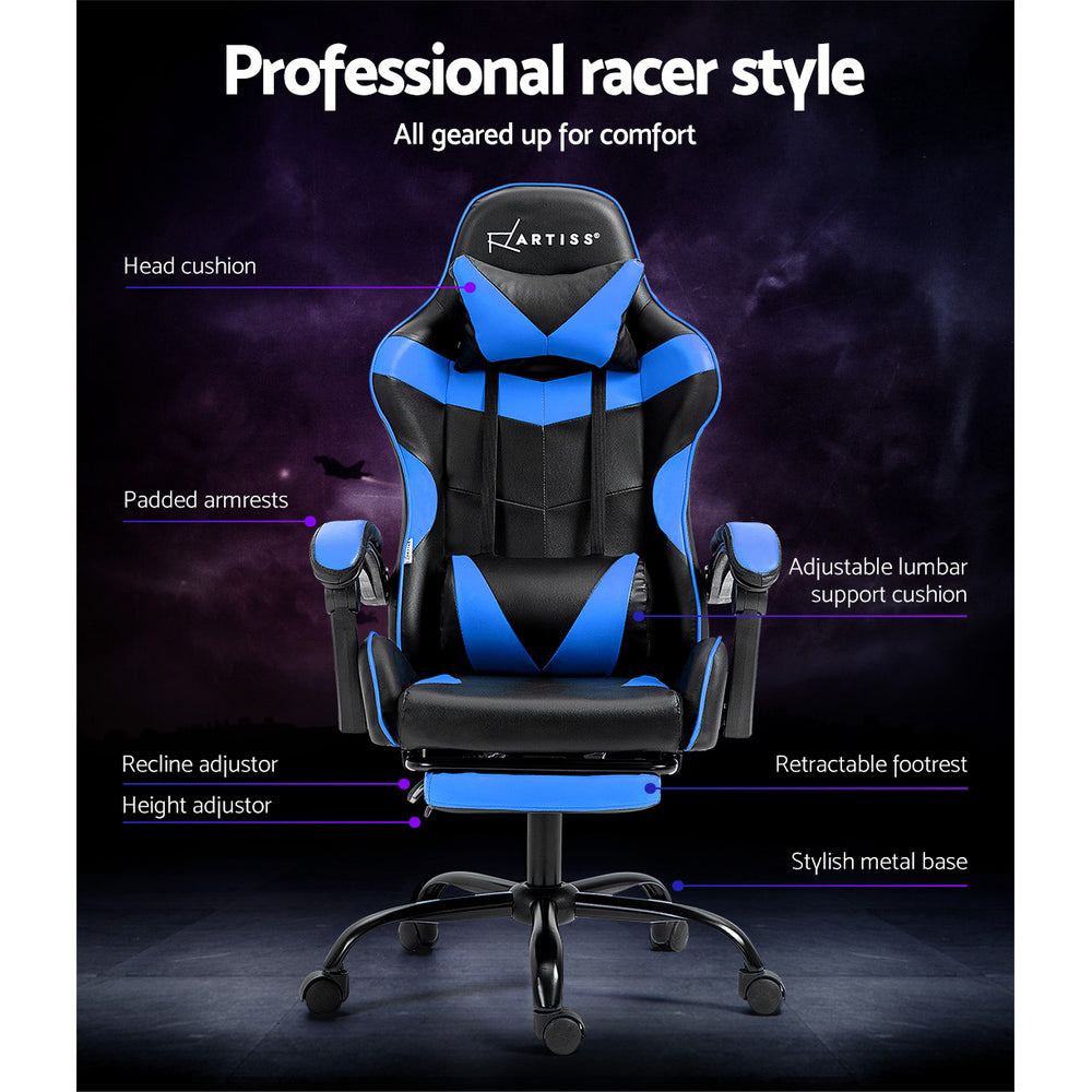 Greenough blue and black gaming chair with footrest in a home office