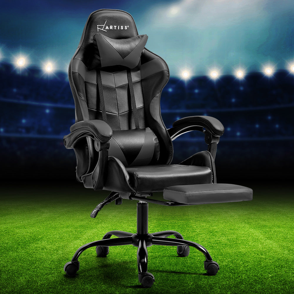 Greenough grey gaming chair with footrest in a home office