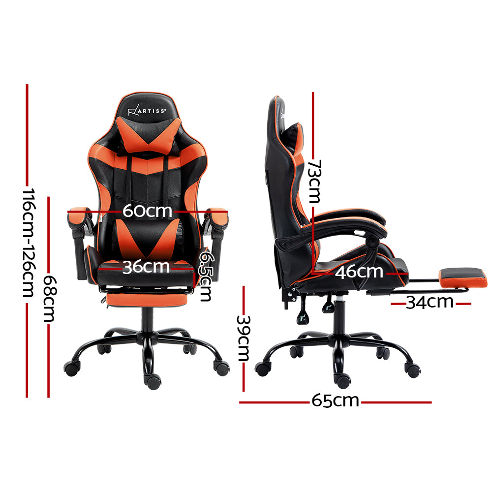Greenough orange gaming chair with footrest in a home office