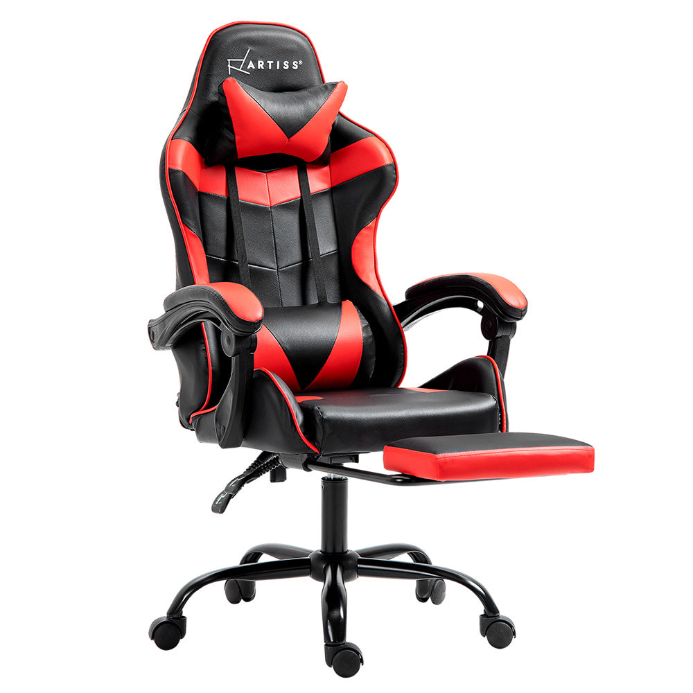 Greenough red and black gaming chair with footrest in a home office