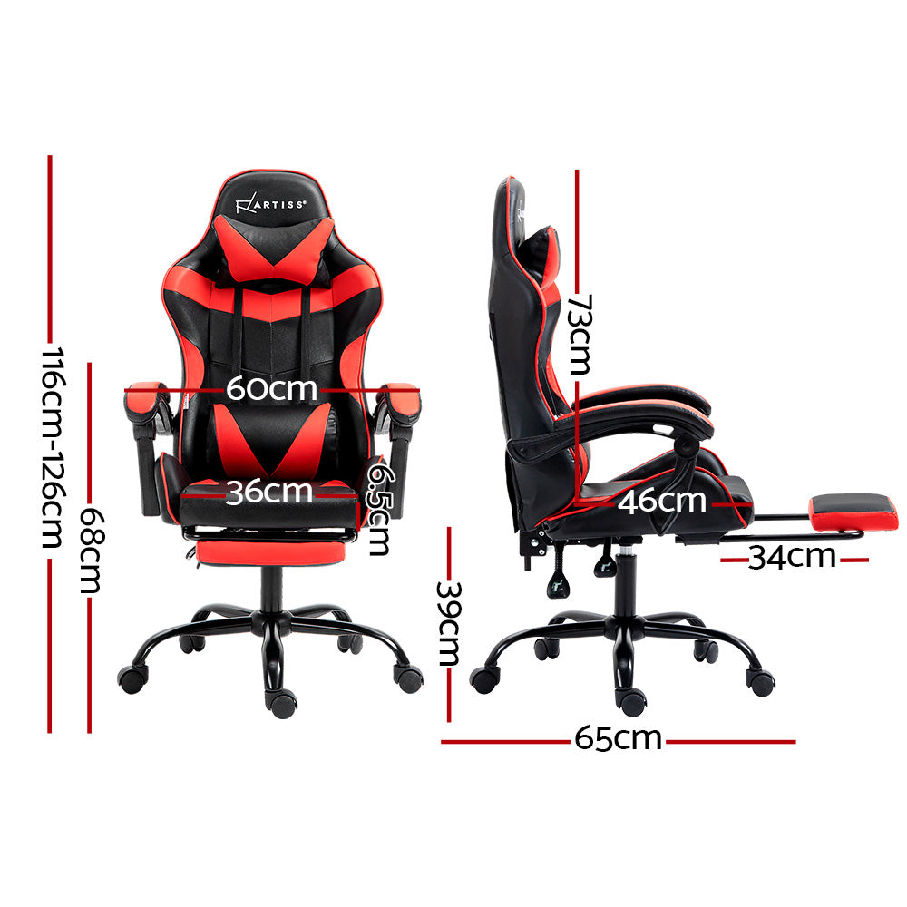 Greenough red and black gaming chair with footrest in a home office