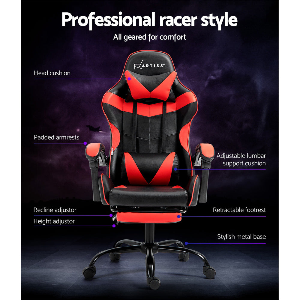Greenough red and black gaming chair with footrest in a home office