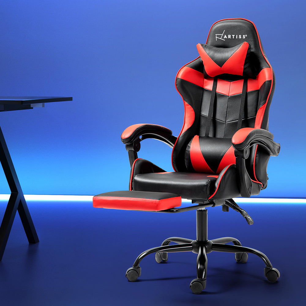 Greenough red and black gaming chair with footrest in a home office