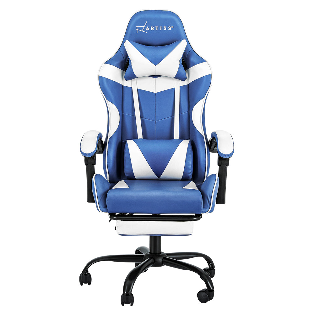Greenough blue and white gaming chair with footrest in a home office