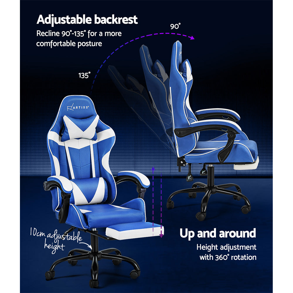 Greenough blue and white gaming chair with footrest in a home office