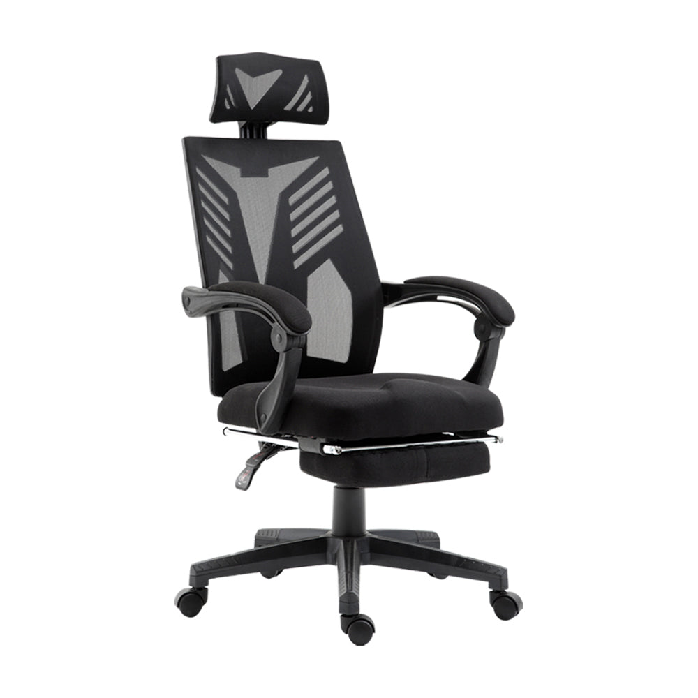 Claremont black high back mesh reclining office chair with footrest in a home office