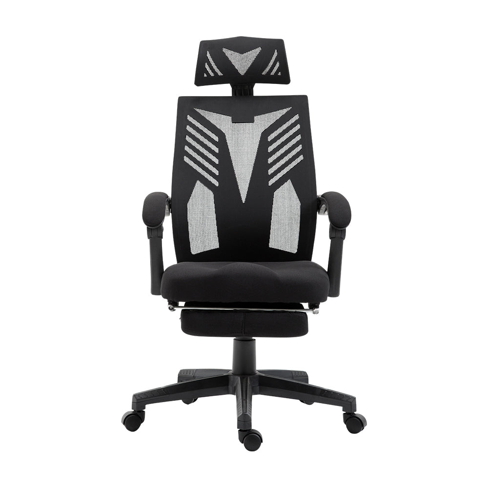 Claremont black high back mesh reclining office chair with footrest in a home office
