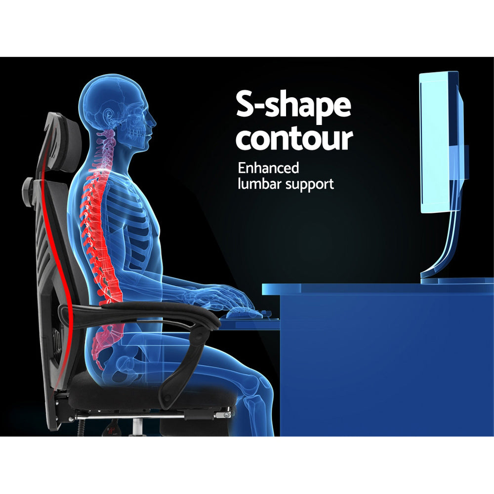 Claremont black high back mesh reclining office chair with footrest in a home office