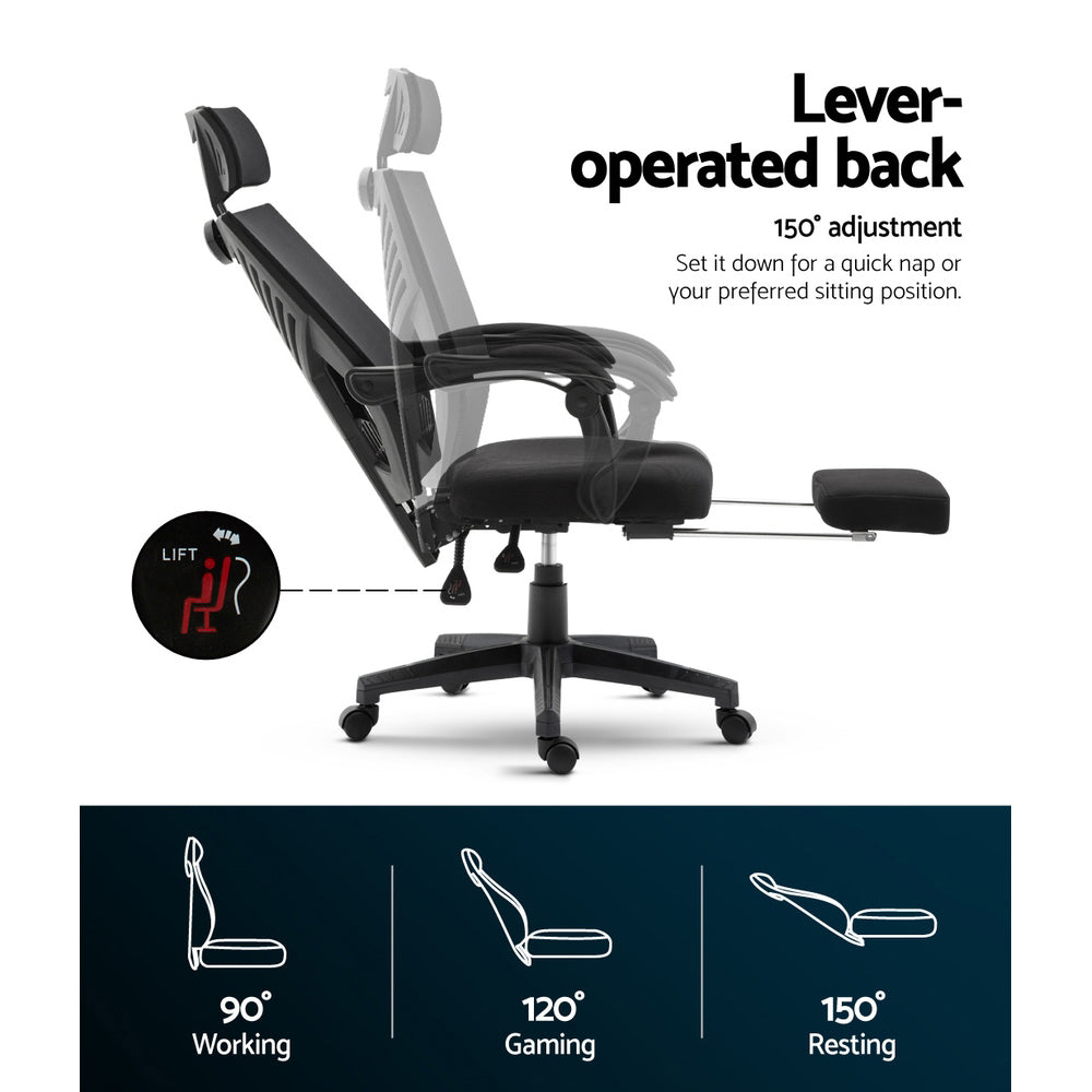 Claremont black high back mesh reclining office chair with footrest in a home office