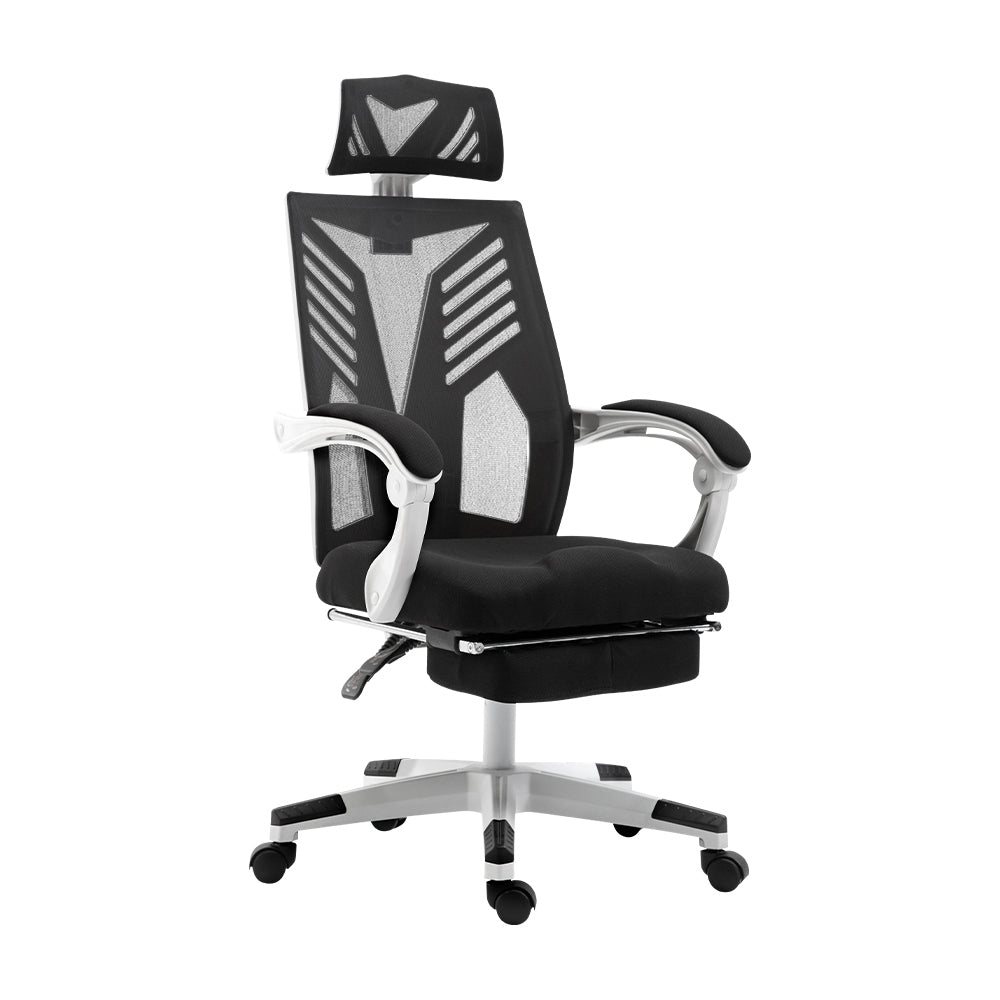 Claremont black and white high back mesh reclining office chair with footrest in a home office