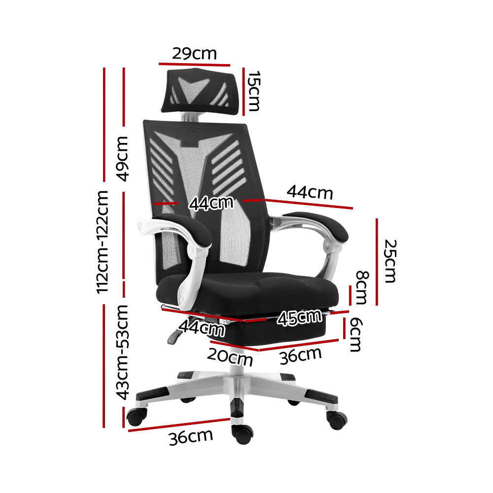 Claremont black and white high back mesh reclining office chair with footrest in a home office