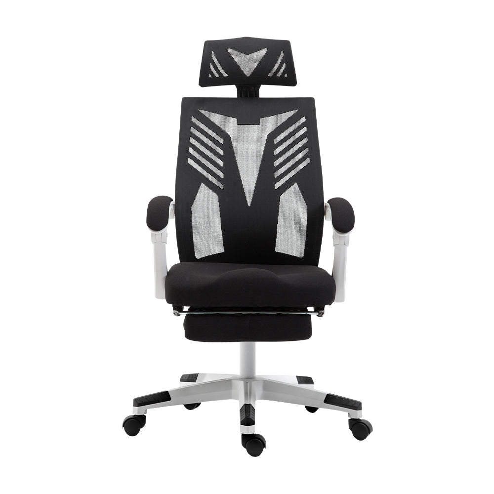 Claremont black and white high back mesh reclining office chair with footrest in a home office
