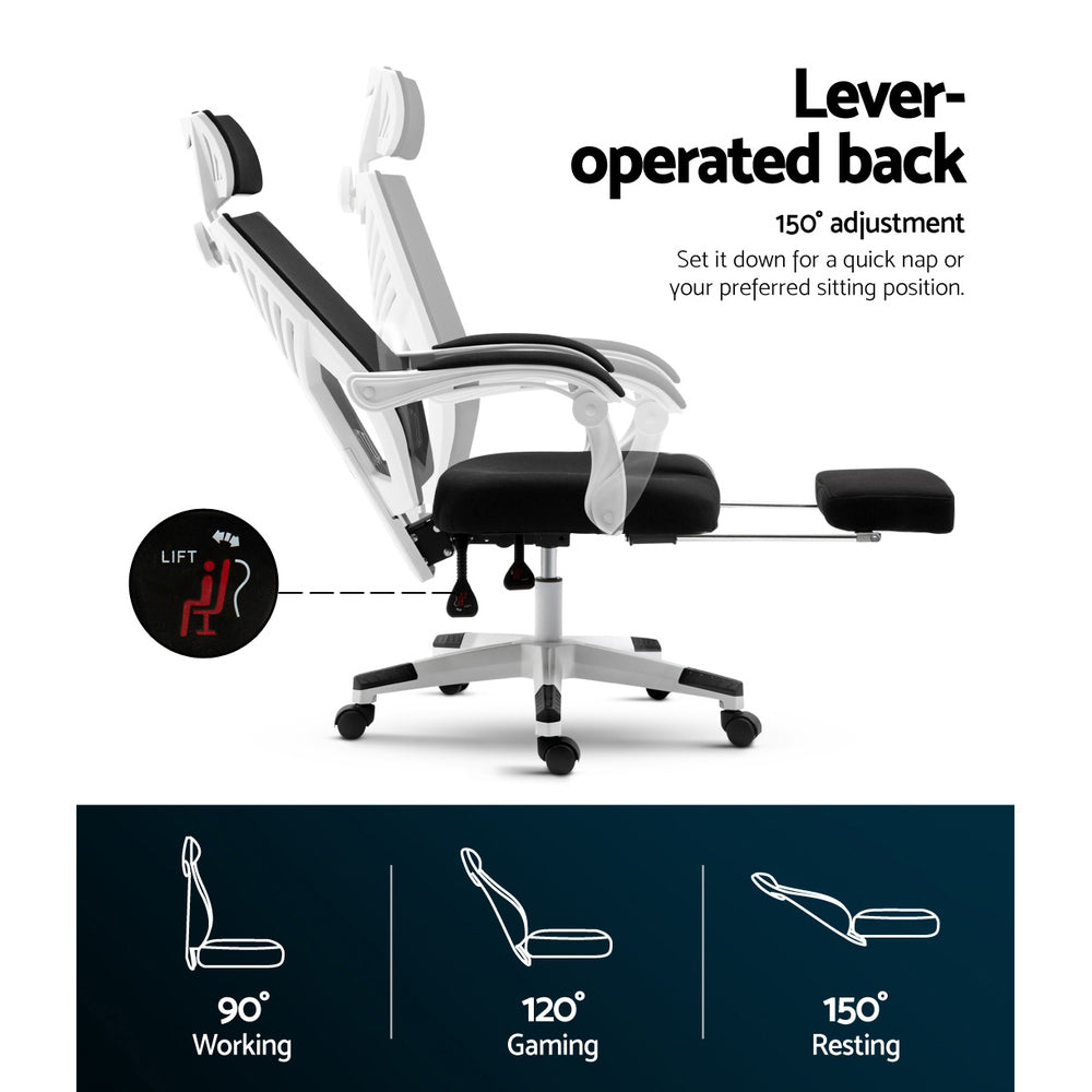 Claremont black and white high back mesh reclining office chair with footrest in a home office