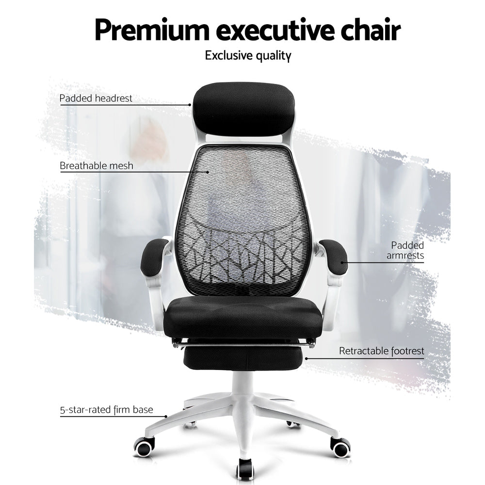 Vasse black and white mesh reclining office chair with footrest