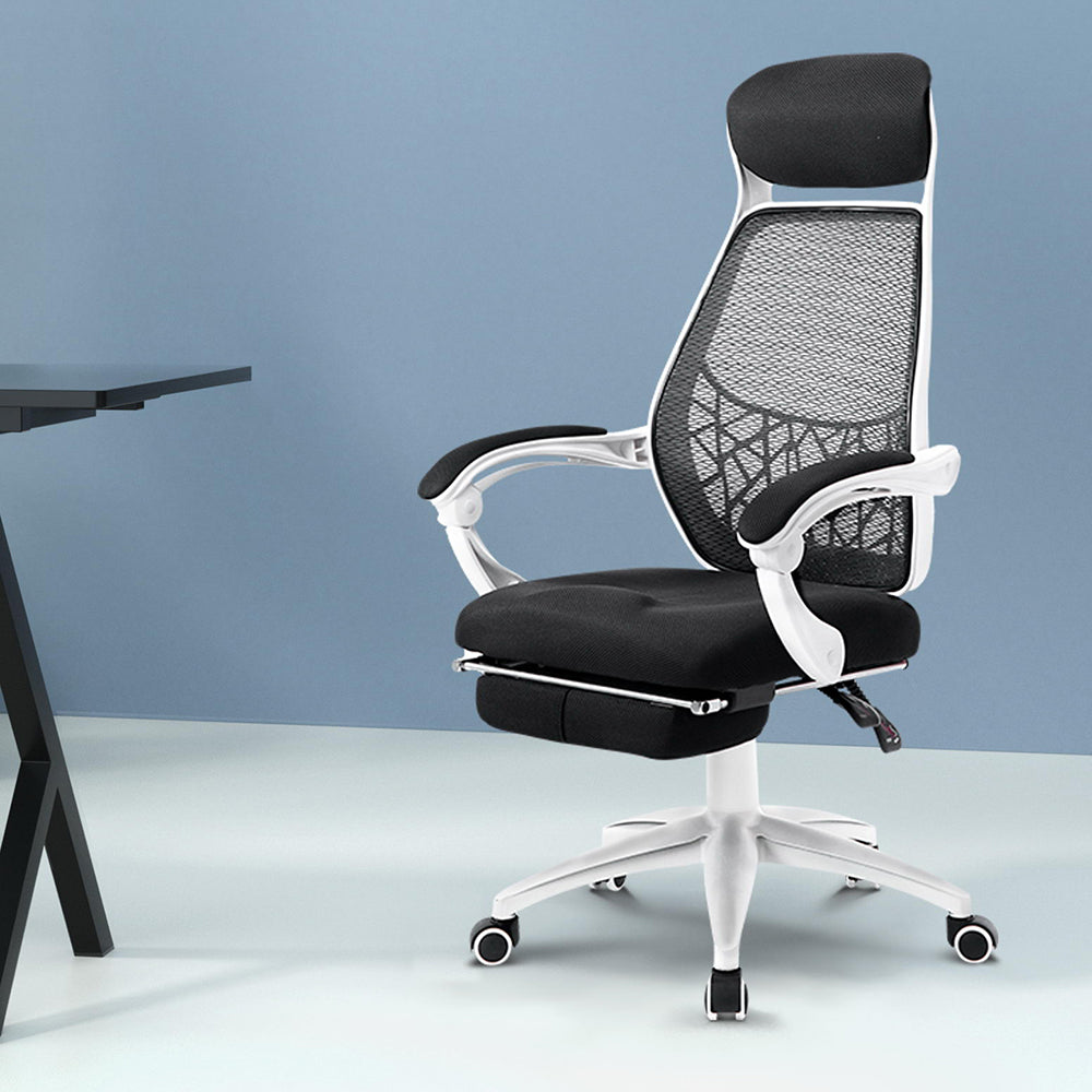 Vasse black and white mesh reclining office chair with footrest