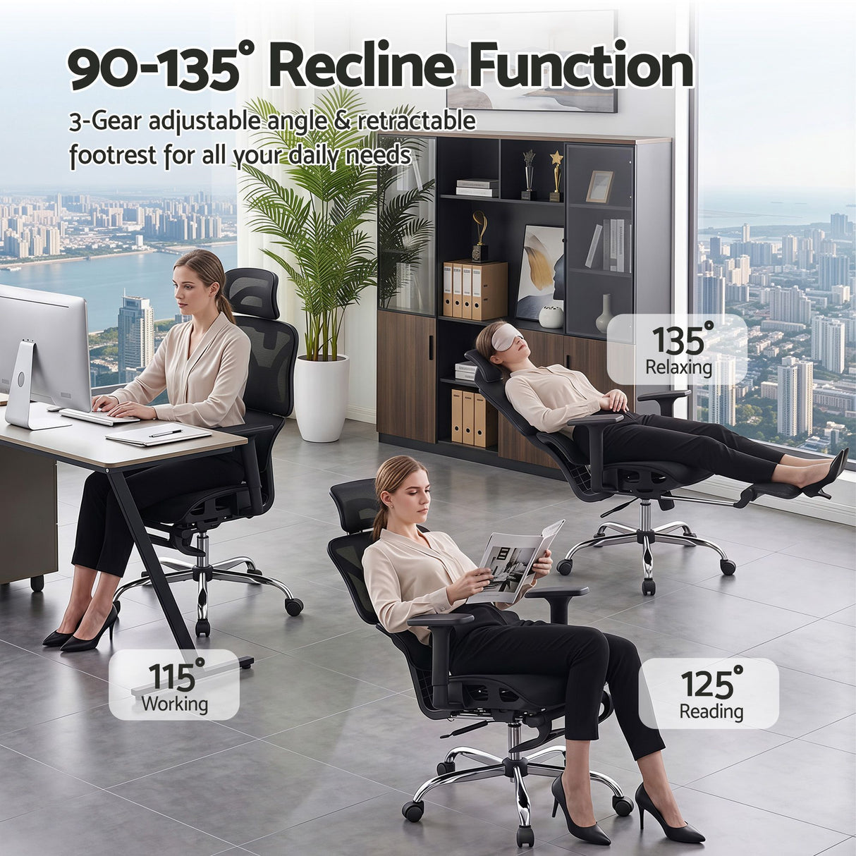 Dunsborough black ergonomic mesh office chair with footrest