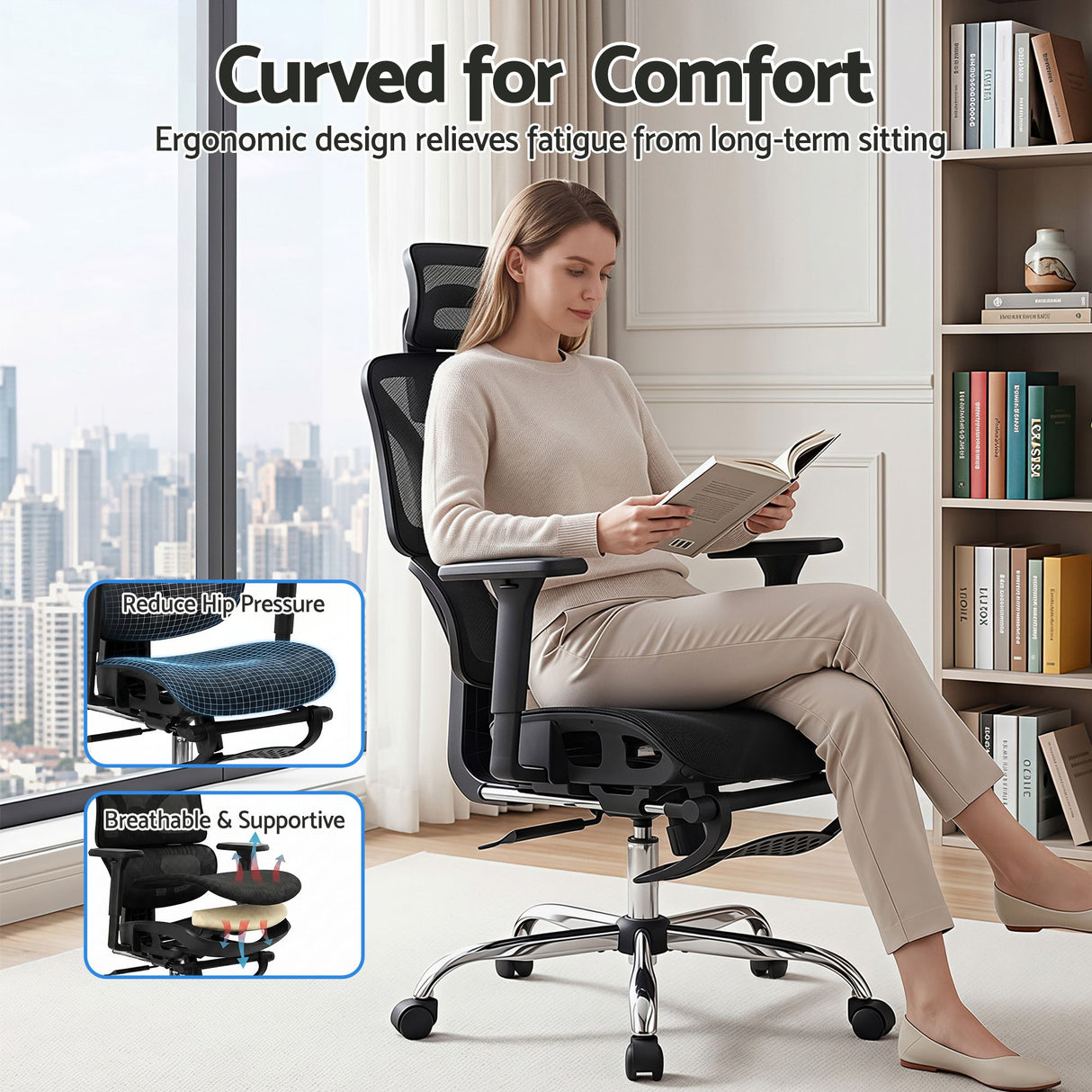 Dunsborough black ergonomic mesh office chair with footrest
