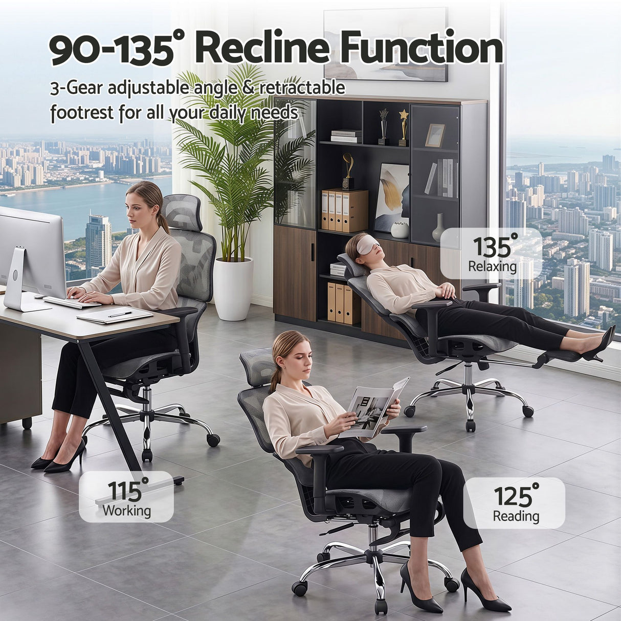 Dunsborough grey ergonomic mesh office chair with footrest
