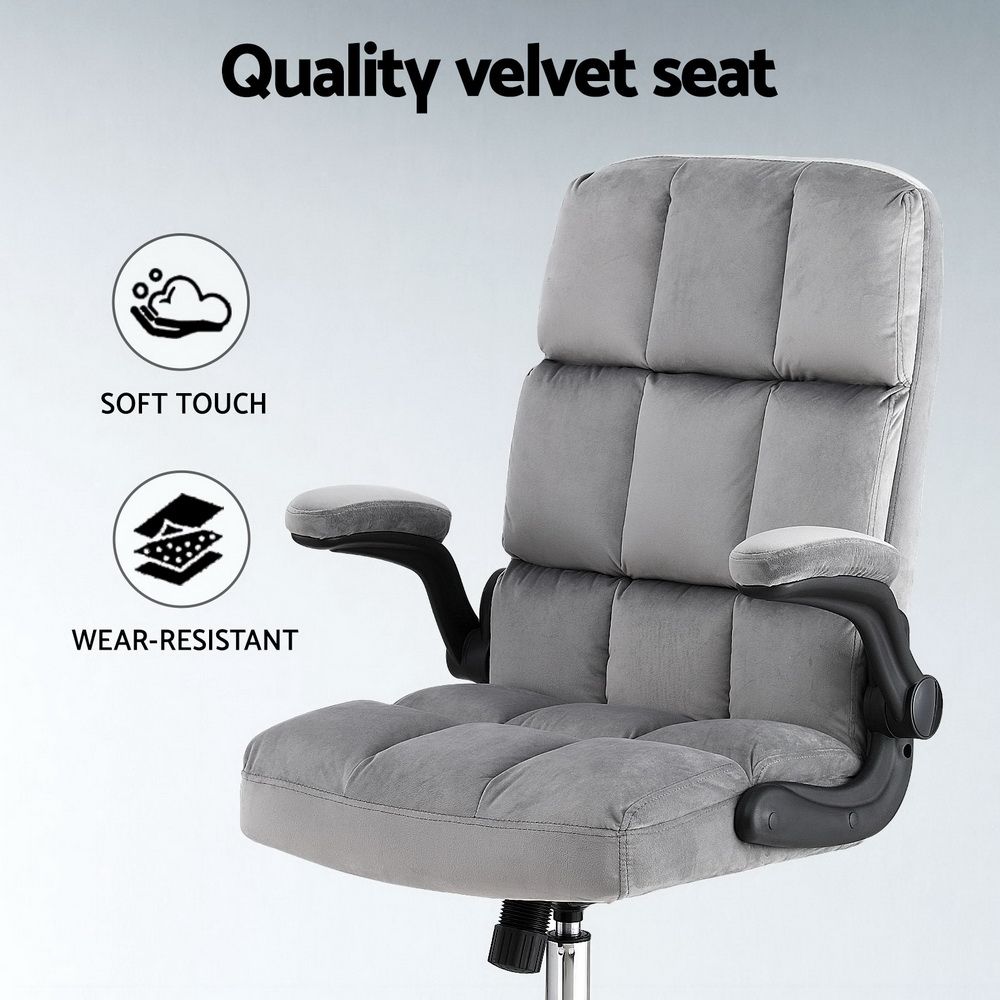 Bindoon grey velvet office chair with contoured mid back and chrome base