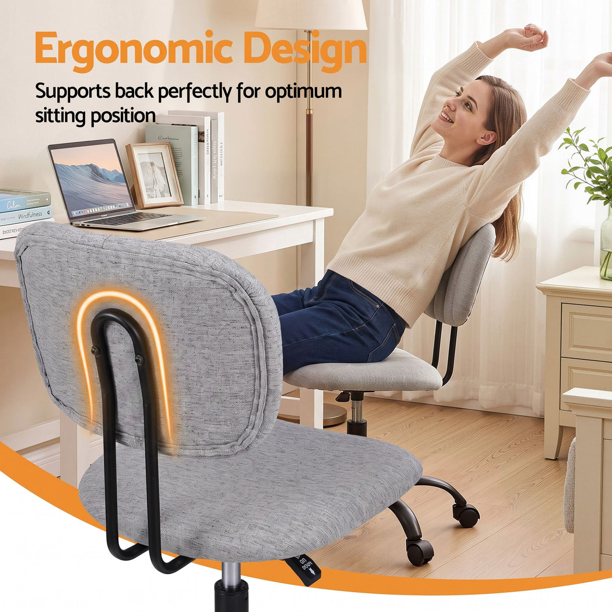 Pingelly grey armless fabric office chair in a small home office