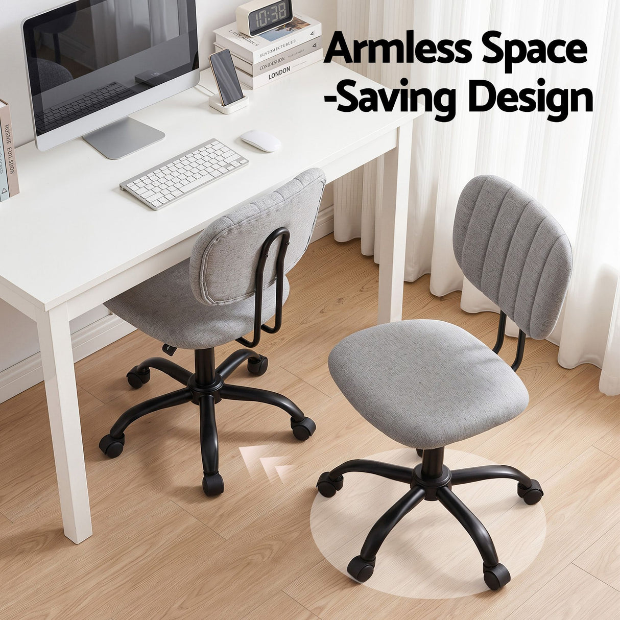 Pingelly grey armless fabric office chair in a small home office