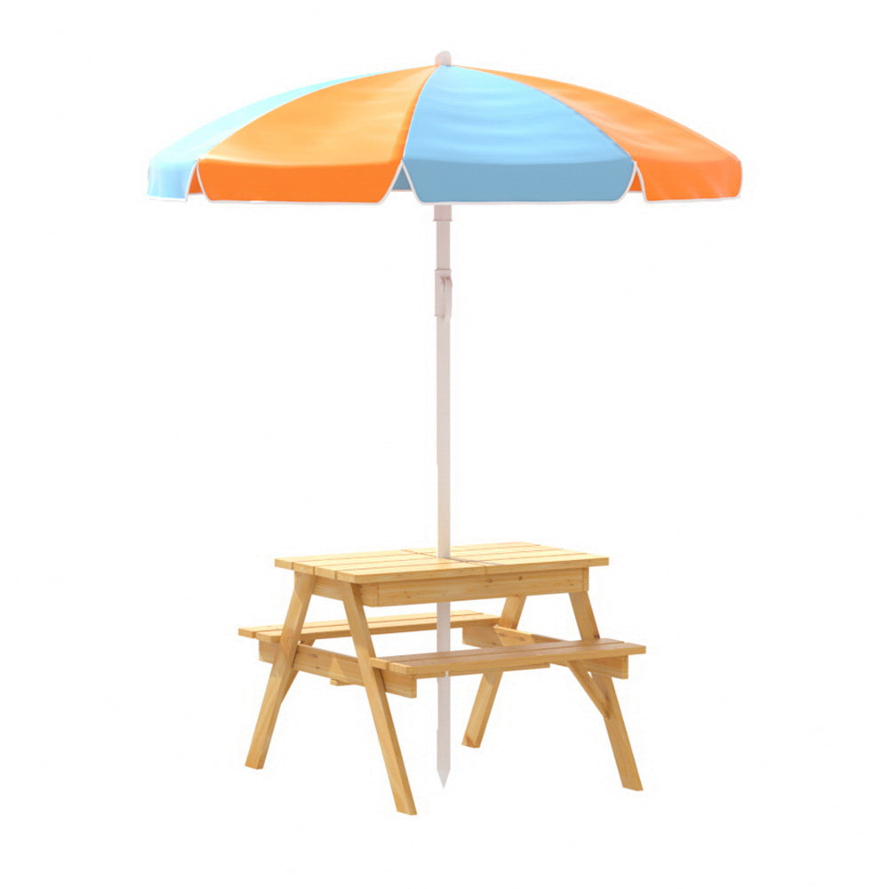 Kids natural wood picnic table and bench set with umbrella
