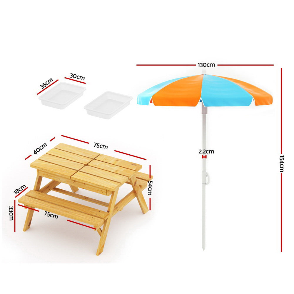 Children's wooden picnic table and bench set with shade umbrella