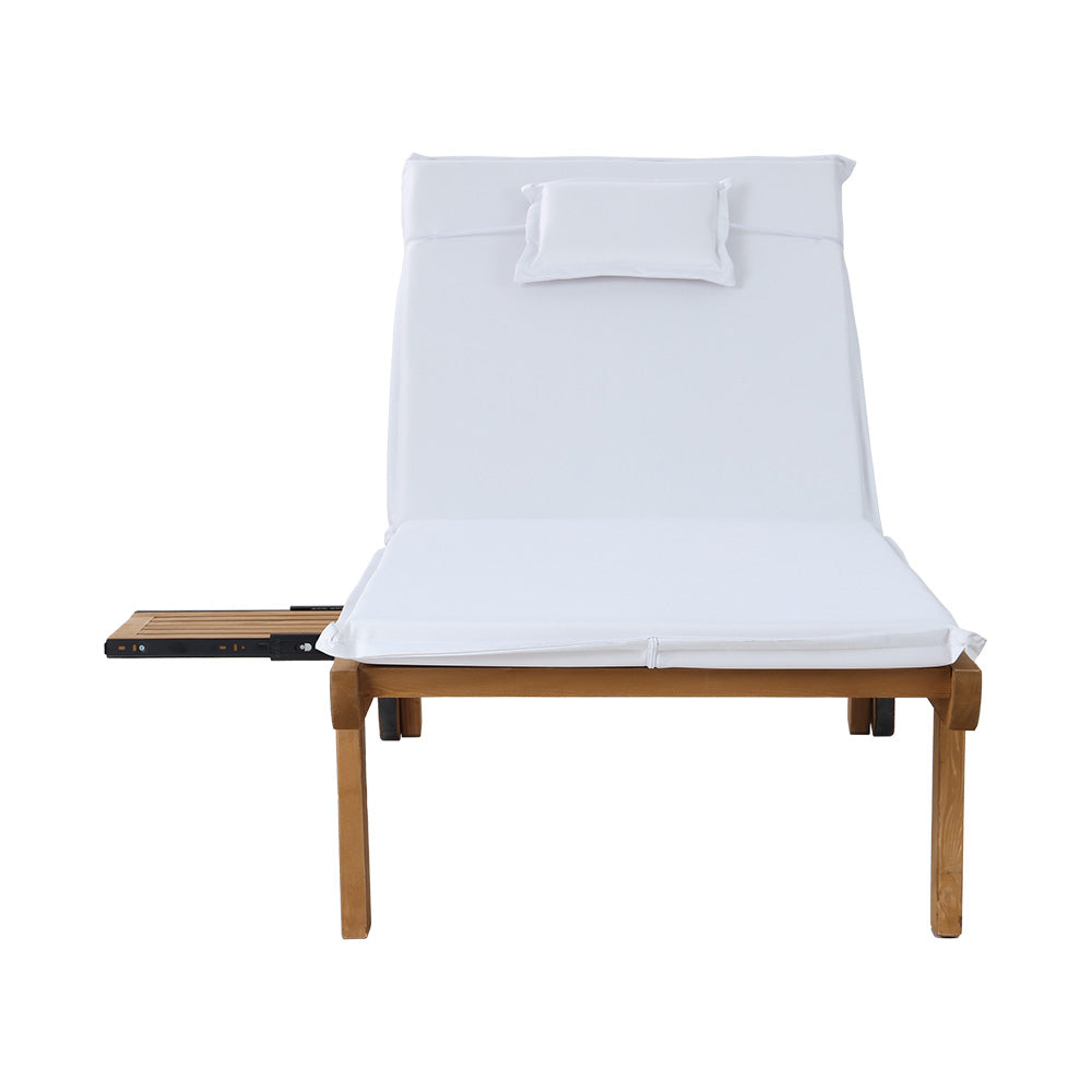 Gerringong natural wood sun lounger with white cushion and wheels on a patio