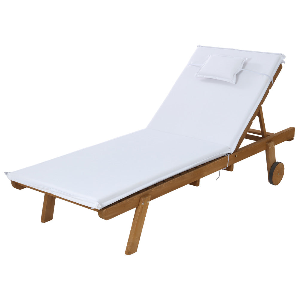Gerringong natural wood sun lounger with white cushion and wheels on a patio