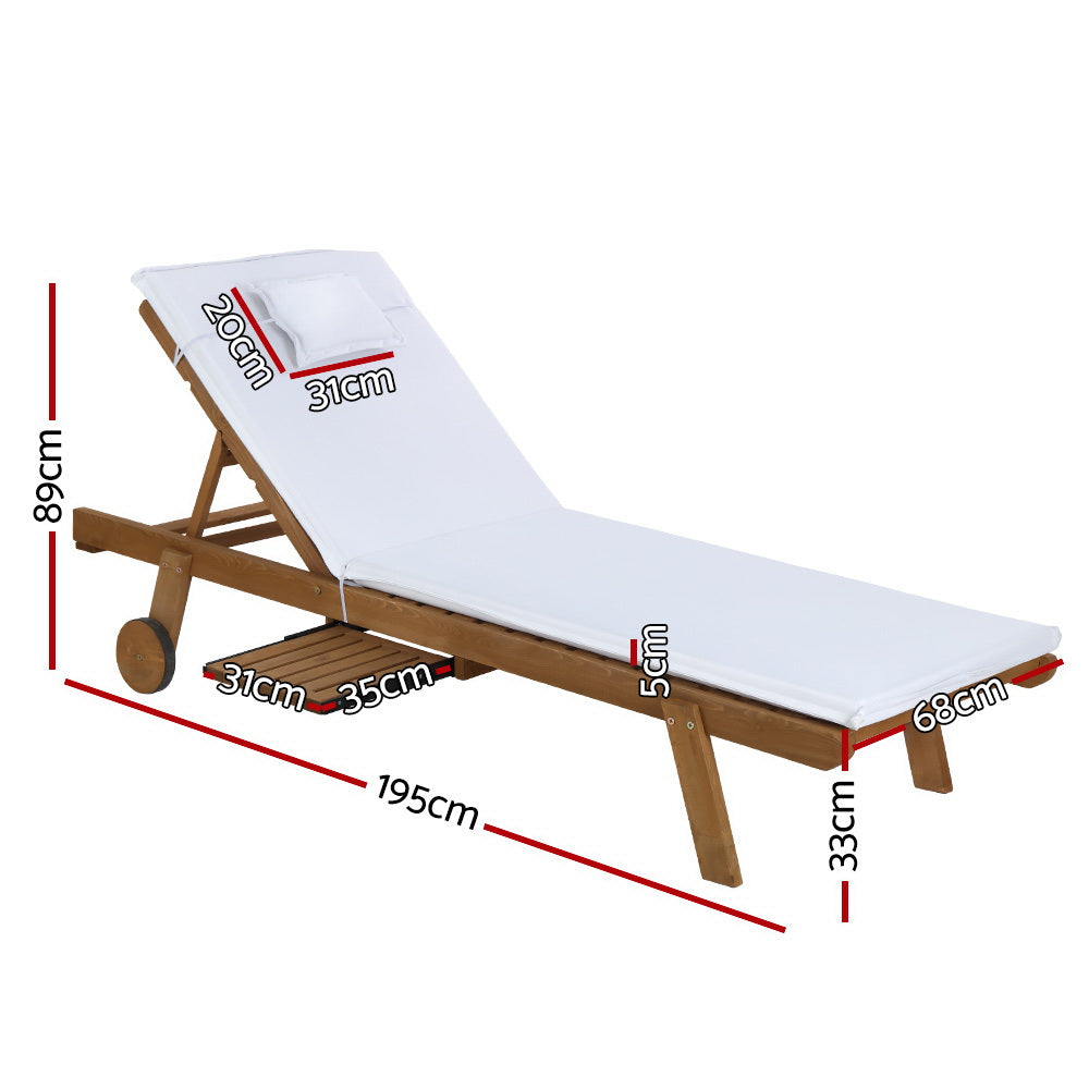 Gerringong natural wood sun lounger with white cushion and wheels on a patio