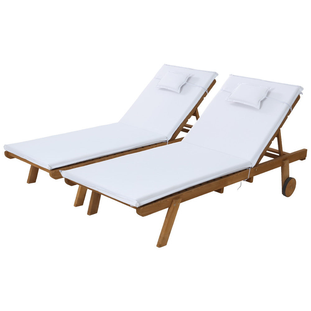 Gerringong natural wood sun lounger with white cushion and wheels on a patio