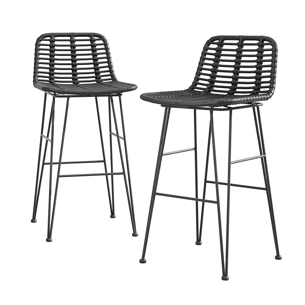 Rosebud West black outdoor wicker bar stool with steel frame on a patio