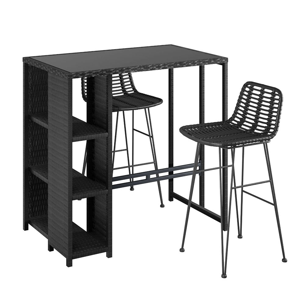 3 Piece Outdoor Bar Set With Wicker Stools and Glass Table, Black