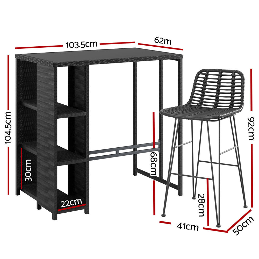 3 Piece Outdoor Bar Set With Wicker Stools and Glass Table, Black