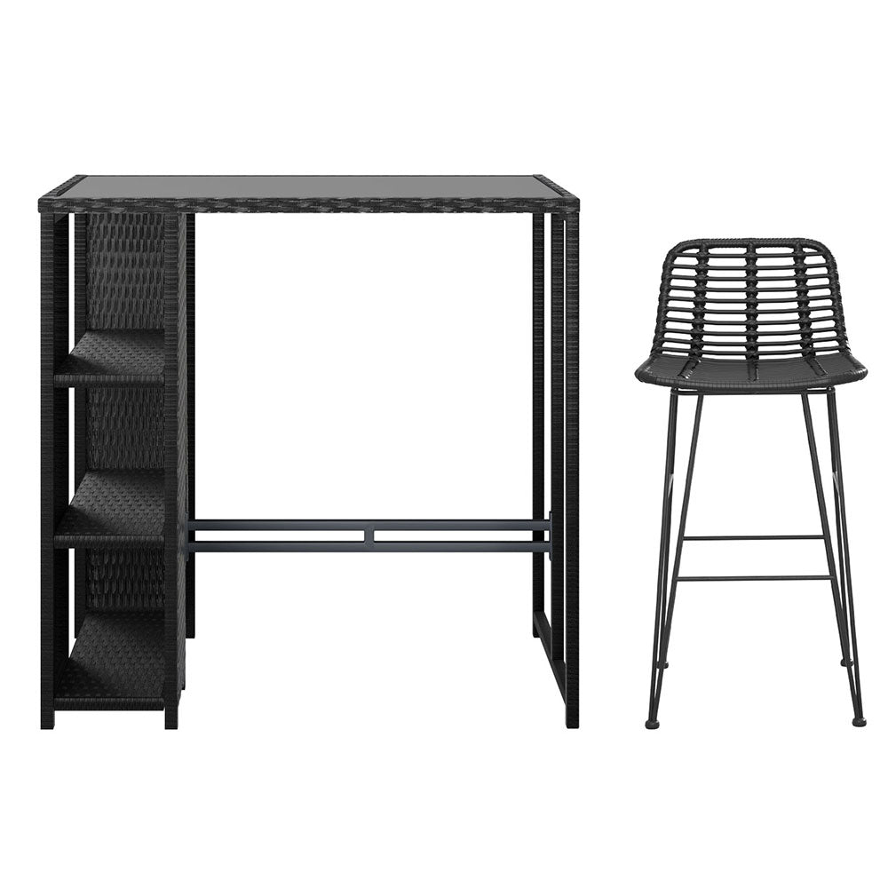 3 Piece Outdoor Bar Set With Wicker Stools and Glass Table, Black