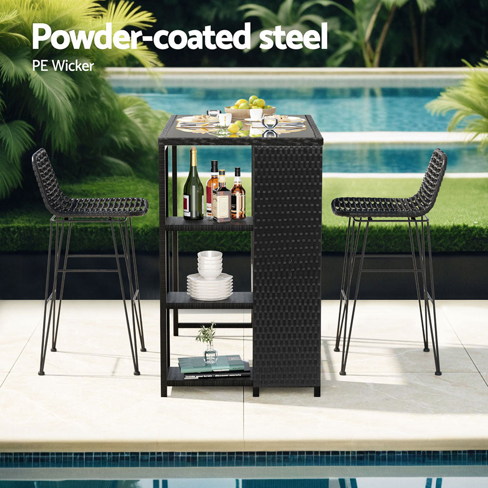 3 Piece Outdoor Bar Set With Wicker Stools and Glass Table, Black