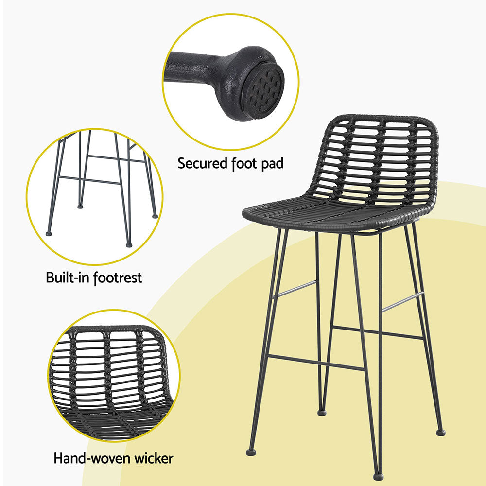 3 Piece Outdoor Bar Set With Wicker Stools and Glass Table, Black
