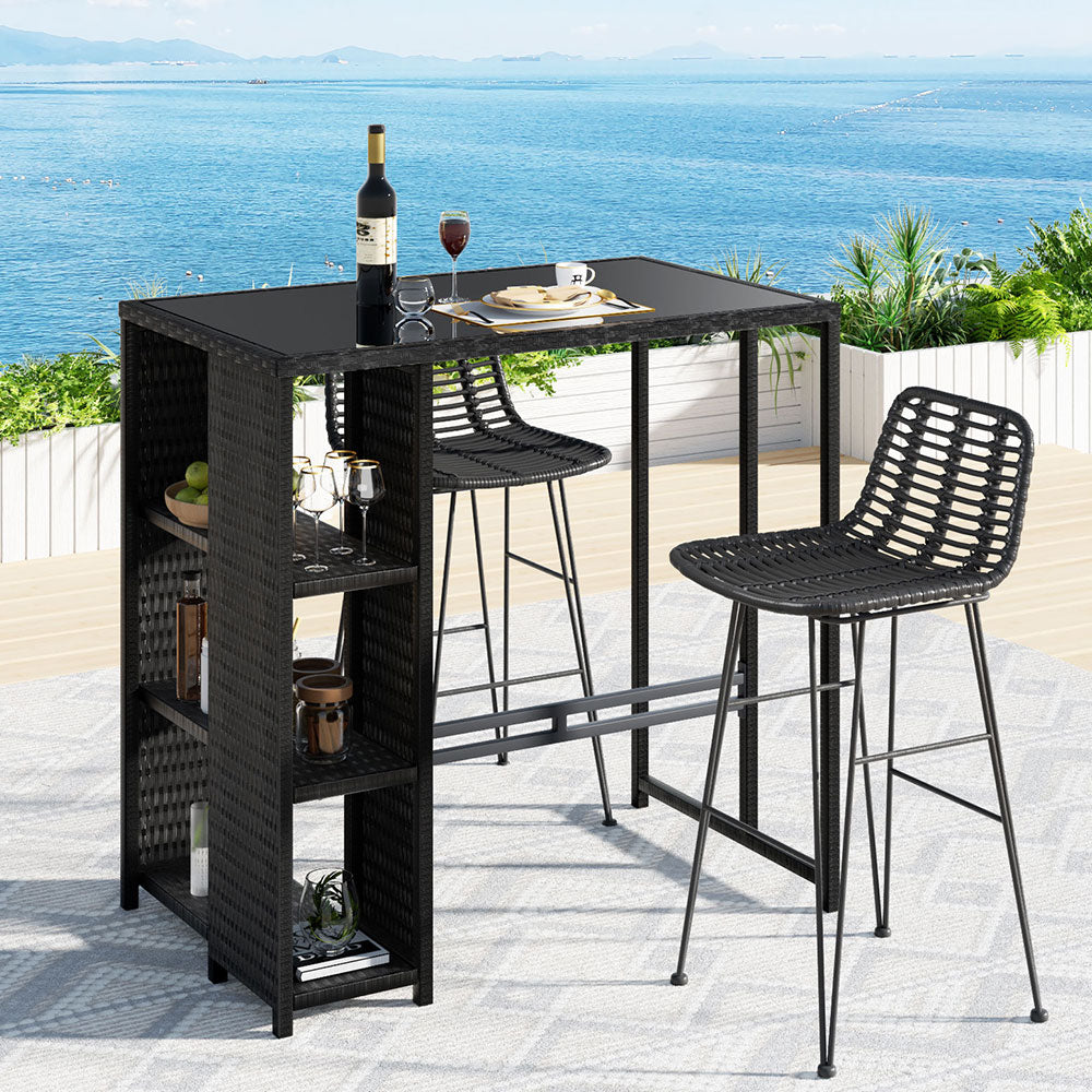 3 Piece Outdoor Bar Set With Wicker Stools and Glass Table, Black