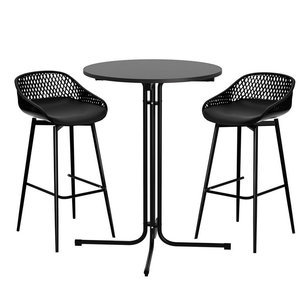 Three piece outdoor bar set with black steel table and two polypropylene bar stools