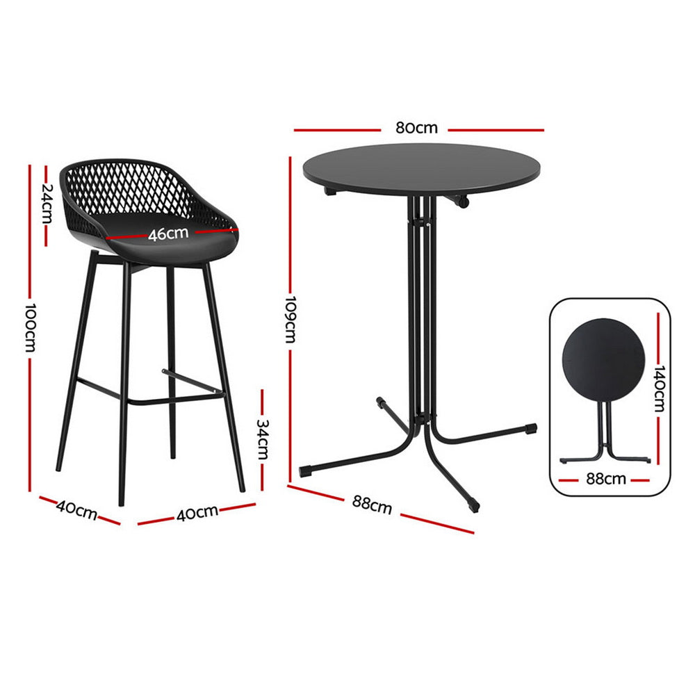 Three piece outdoor bar set with black steel table and two polypropylene bar stools
